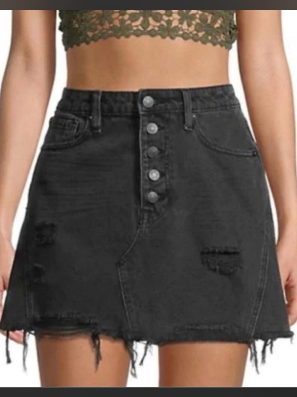 We The Free Black High-Rise Button-Front Distressed Mini Skirt